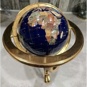 Gemstone Semi Precious Stone Inlaid World Globe Stand Compass 10" Tall